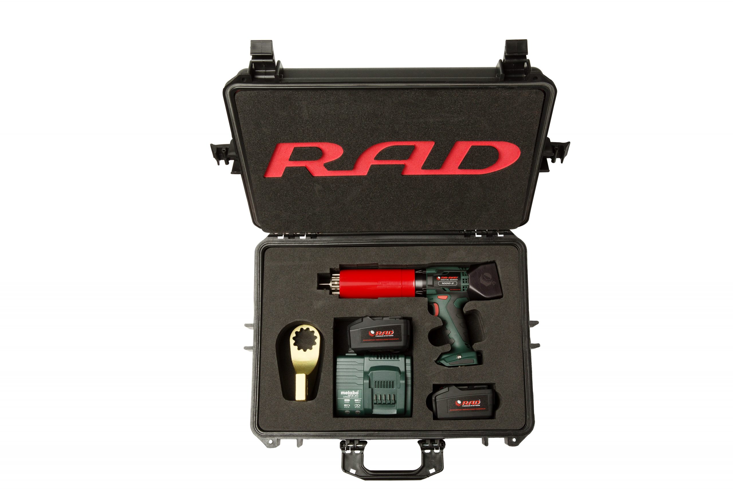 Digital B-RAD 1000-2 battery torque wrench in its case with a reaction arm and charger.
